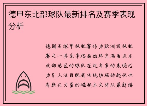 德甲东北部球队最新排名及赛季表现分析
